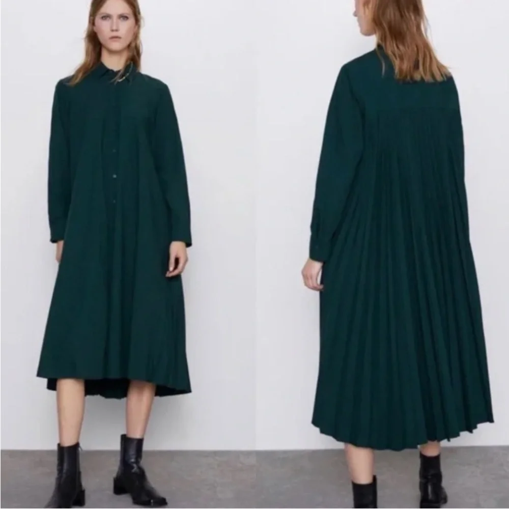 Zara Hunter Green Midi Pleated Dress - Picture 2 of 15